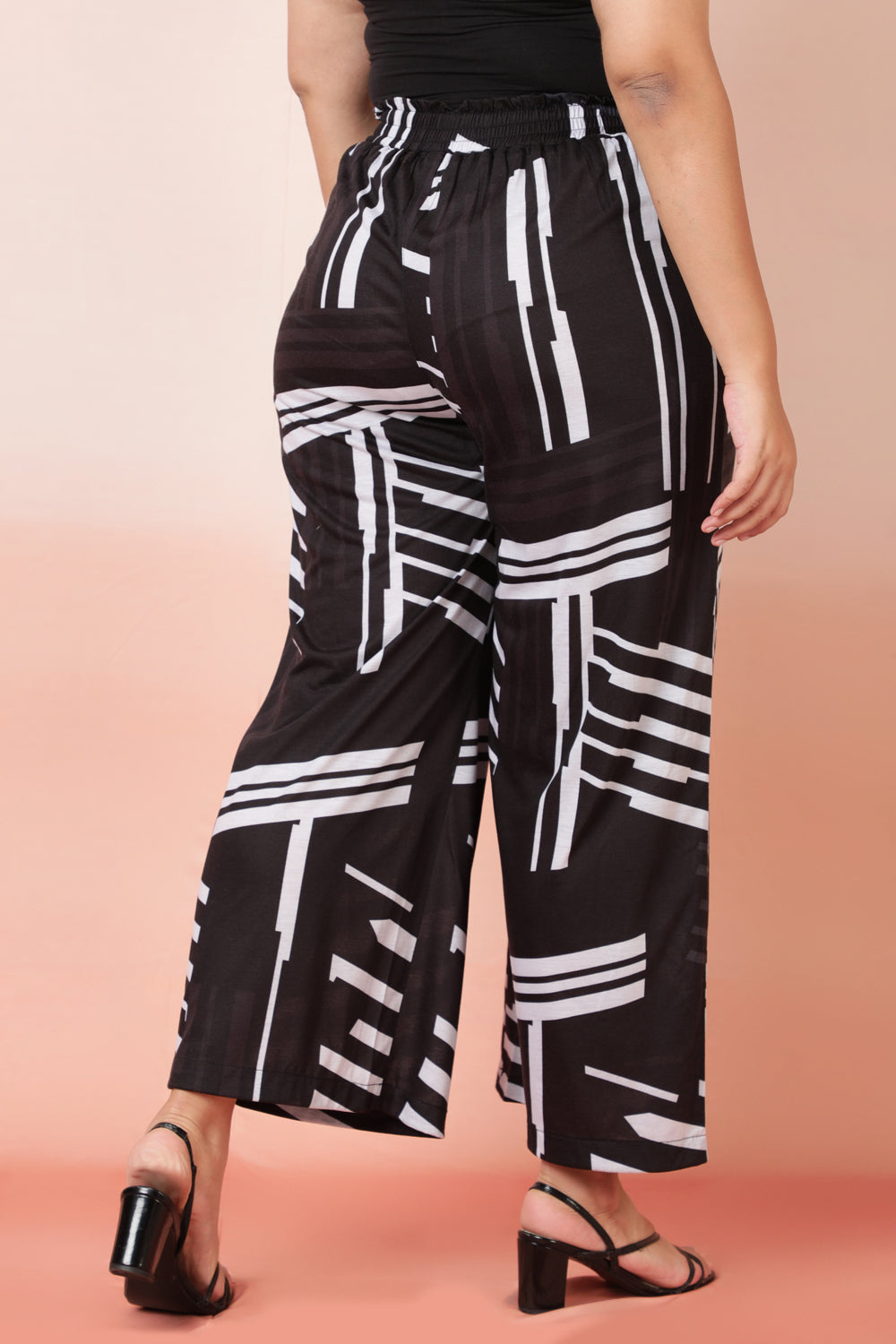 Monochrome Black Printed High Waist Pants for Women