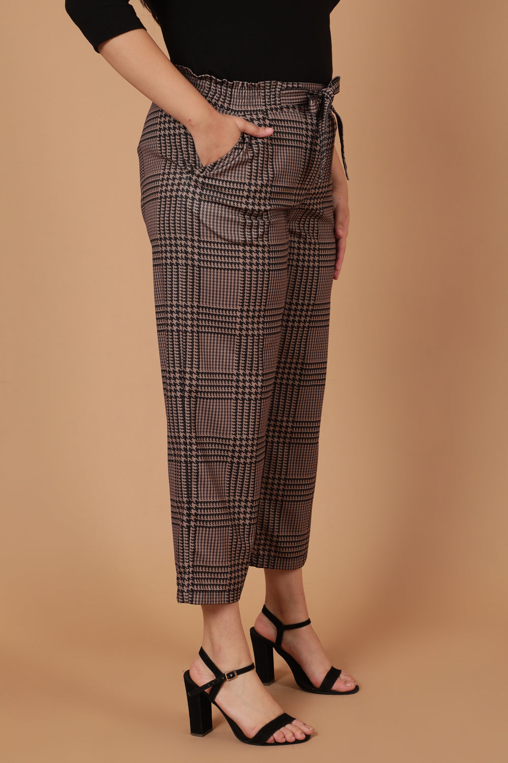 Brown Black Houndstooth Checkered Pants for Women