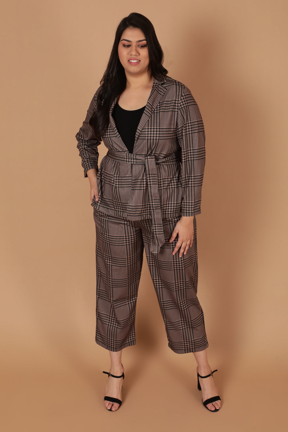 Plus Size Brown Black Houndstooth Checkered Pants