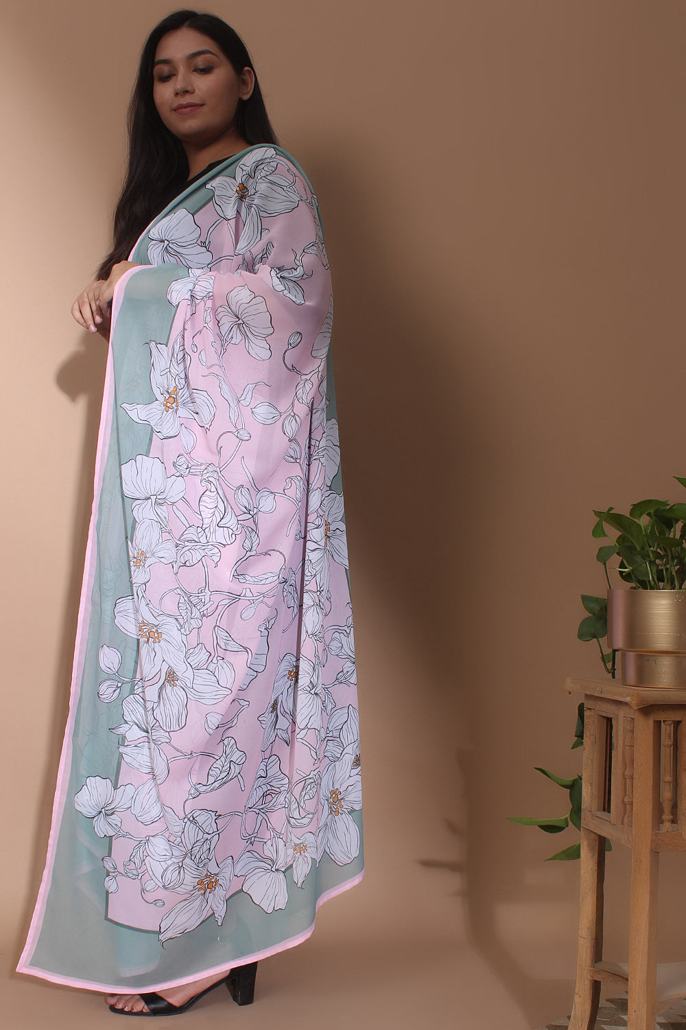 amydus mint green pink blossom plus size blended dupatta