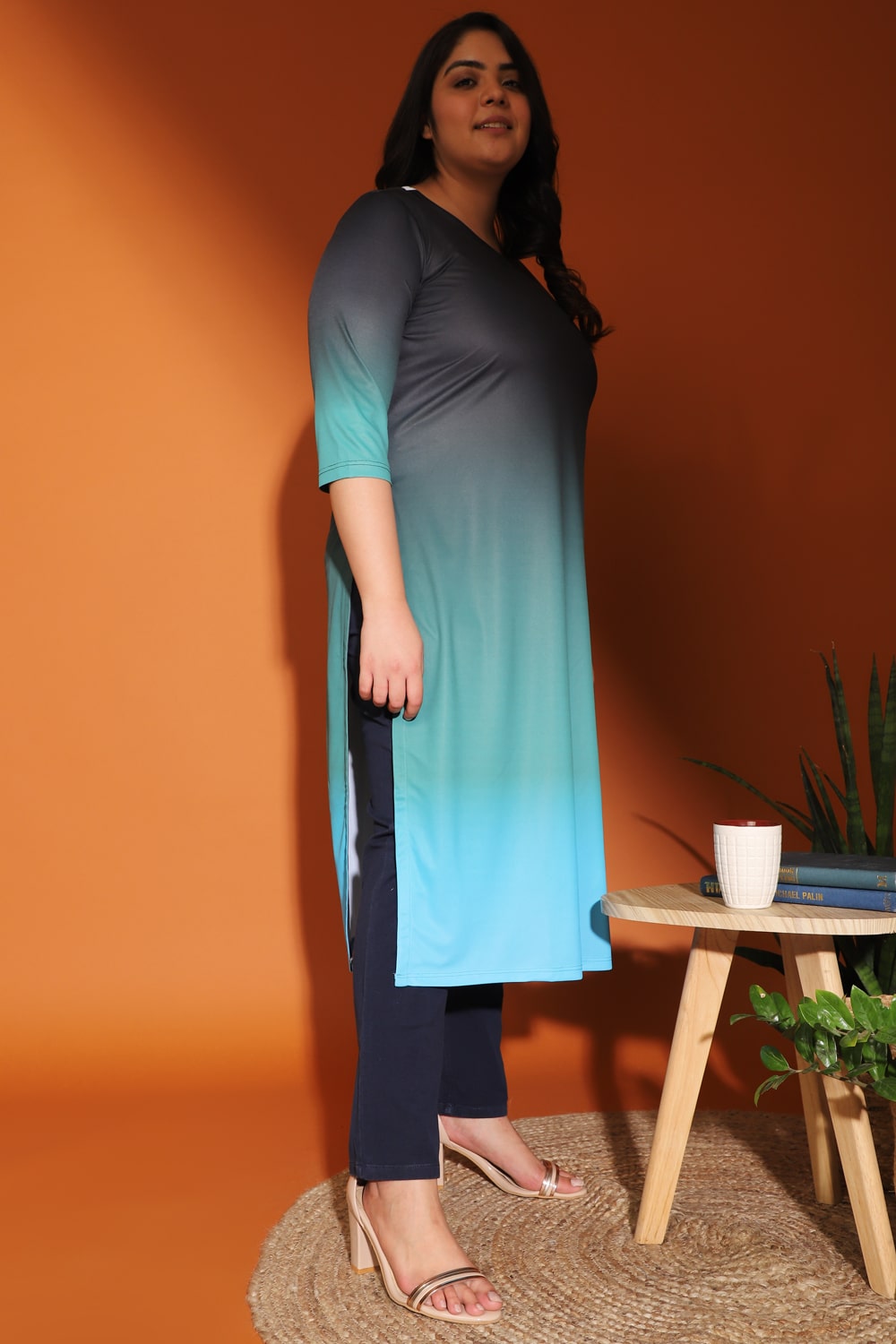 Plus Size Deep Blue Green Ombre Kurti