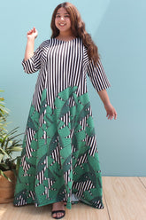 Tropical Leaf Stripe Printed Maxi Dress