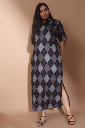 Black and Grey Argyle Side Slit Long Dress
