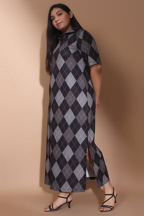 amydus black and grey argyle side slit 5xl size long dress