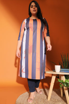 amydus tan navy stripe printed plus size blanded knit fabric kurti