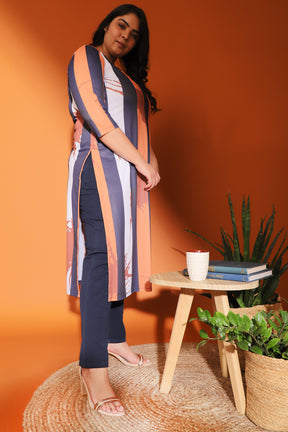Tan Navy Stripe Printed Kurti