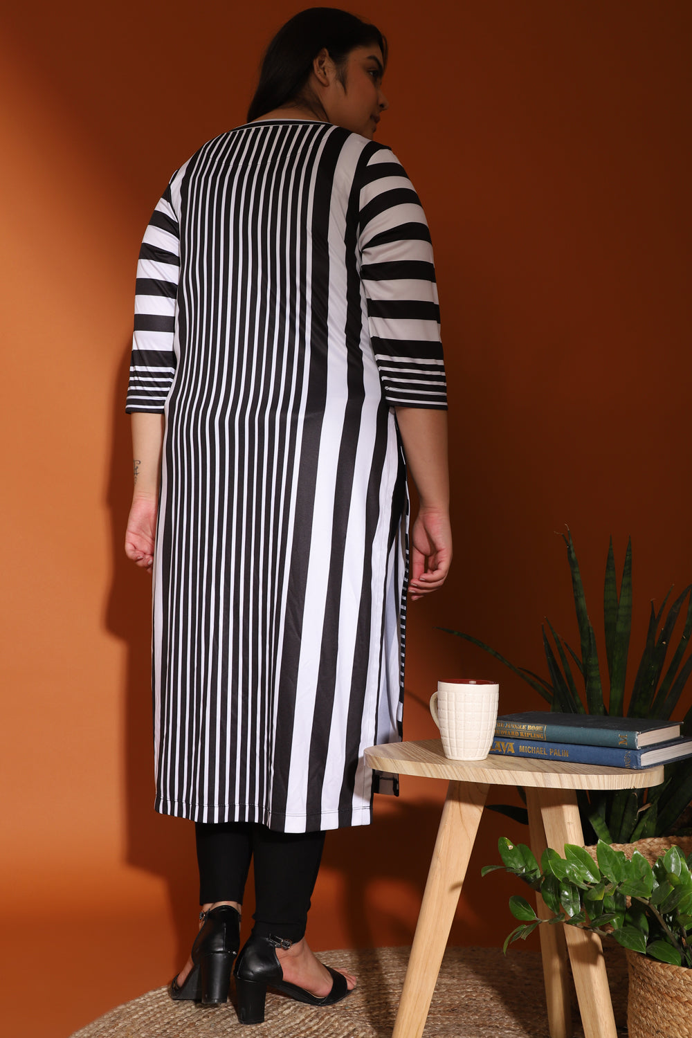Black White Vertical Stripe Printed Kurti for Women