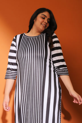 Black White Vertical Stripe Printed Kurti