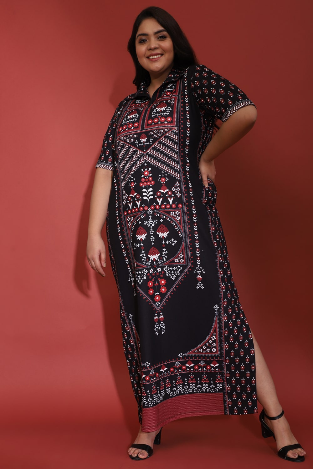 Raabta Indian Ethnic Print Black Long Dress With Side Slit