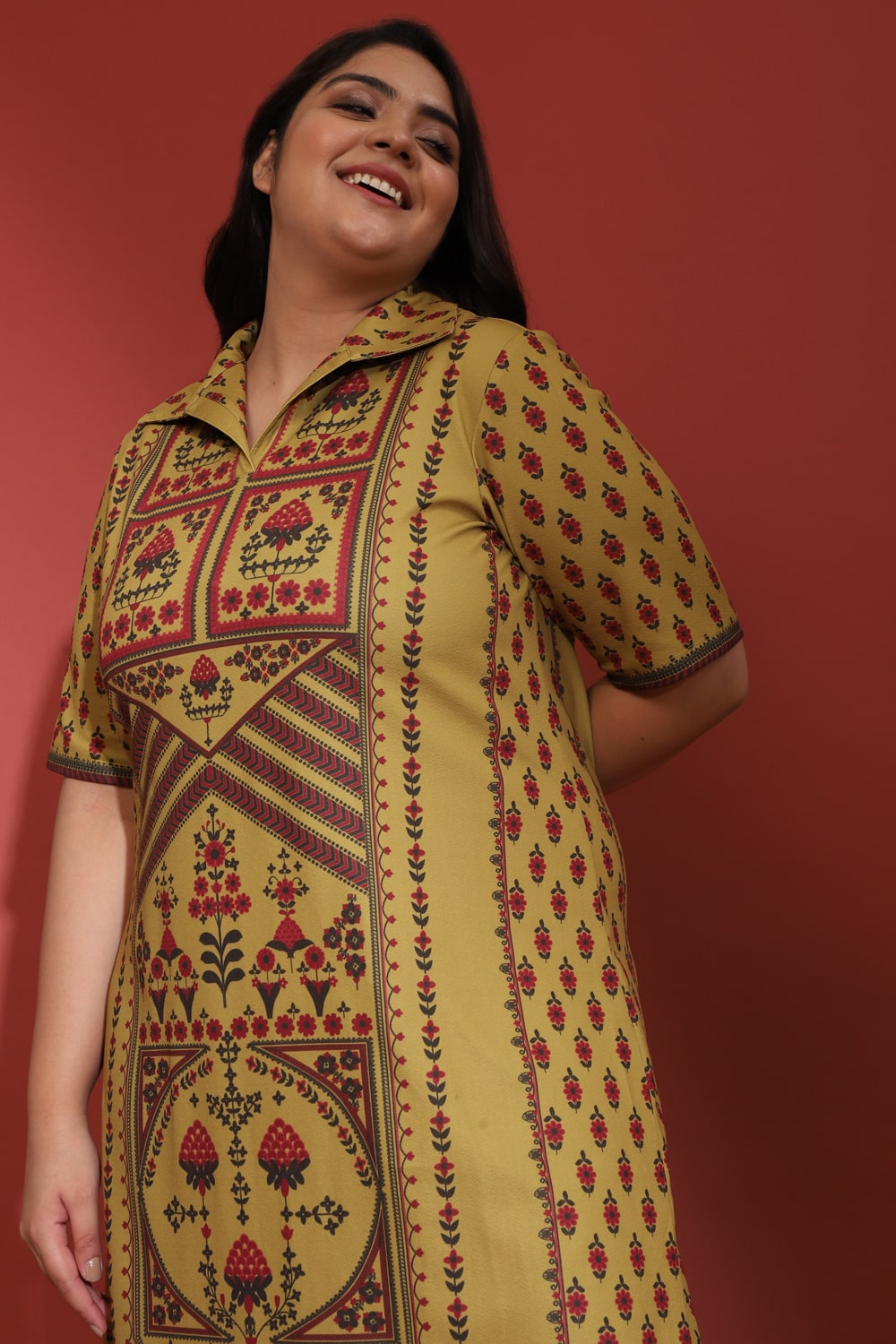 Raabta Indian Ethnic Print Mustard Long Dress With Side Slit