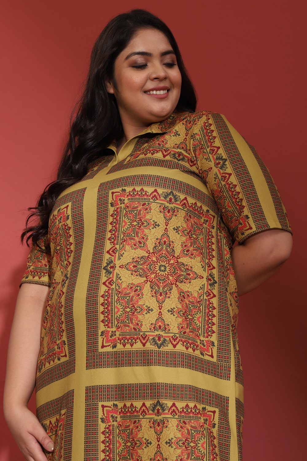 Mustard Ethnic Scarf Print Side Slit Long Dress