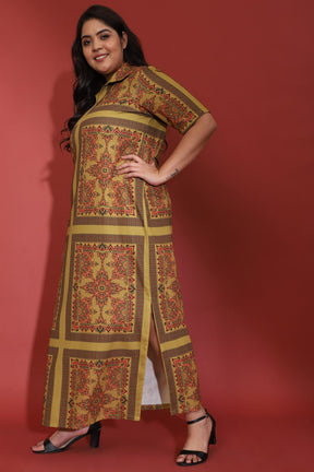Mustard Ethnic Scarf Print Side Slit Long Dress