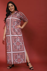 amydus grey ethnic scarf print plus size side slit long dress