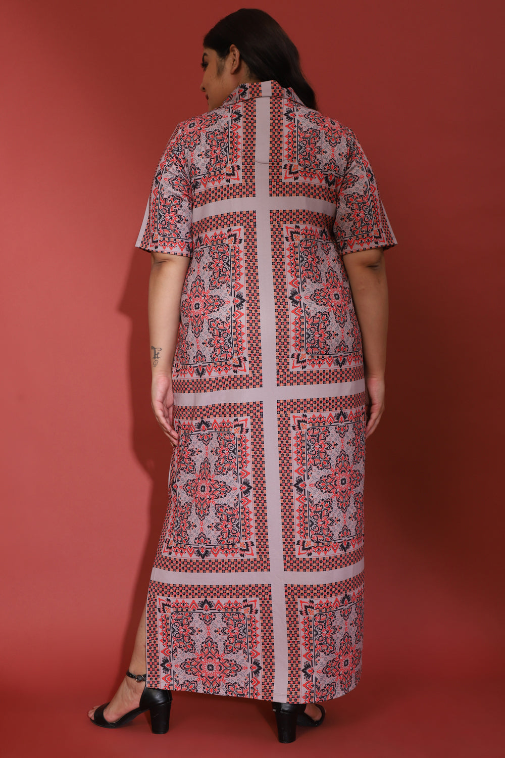 Grey Ethnic Scarf Print Side Slit Long Dress for Women