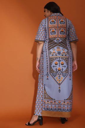 Raabta Indian Ethnic Print Grey Long Dress With Side Slit