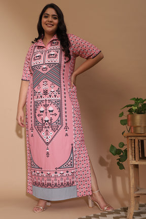 amydus pink ethnic print with side slit plus size long dress