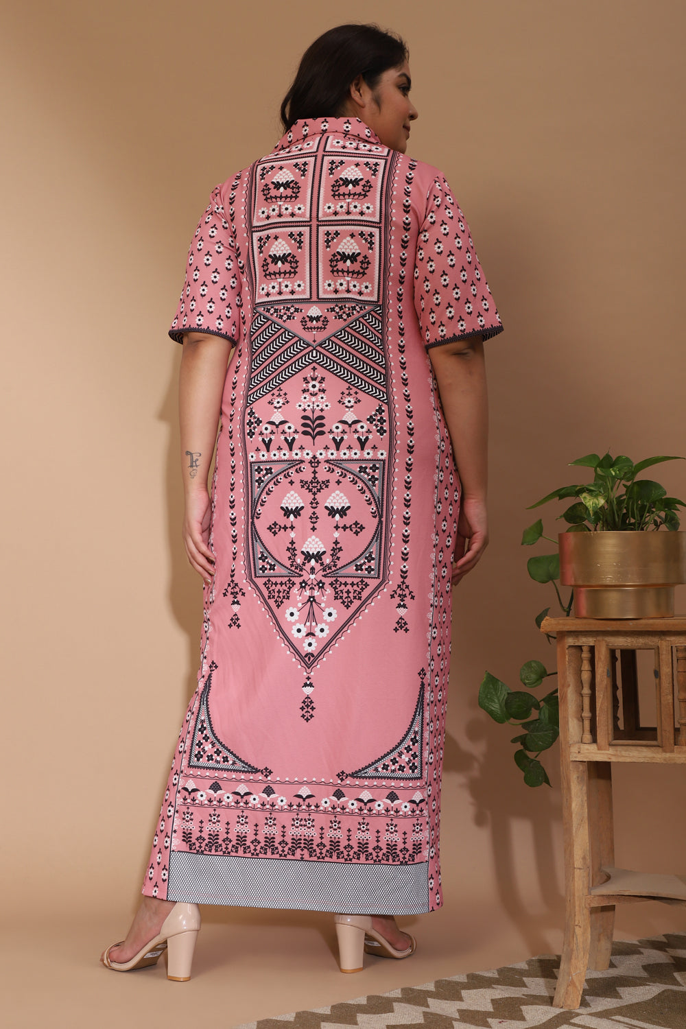 Raabta Indian Ethnic Print Salmon Long Dress With Side Slit for Women