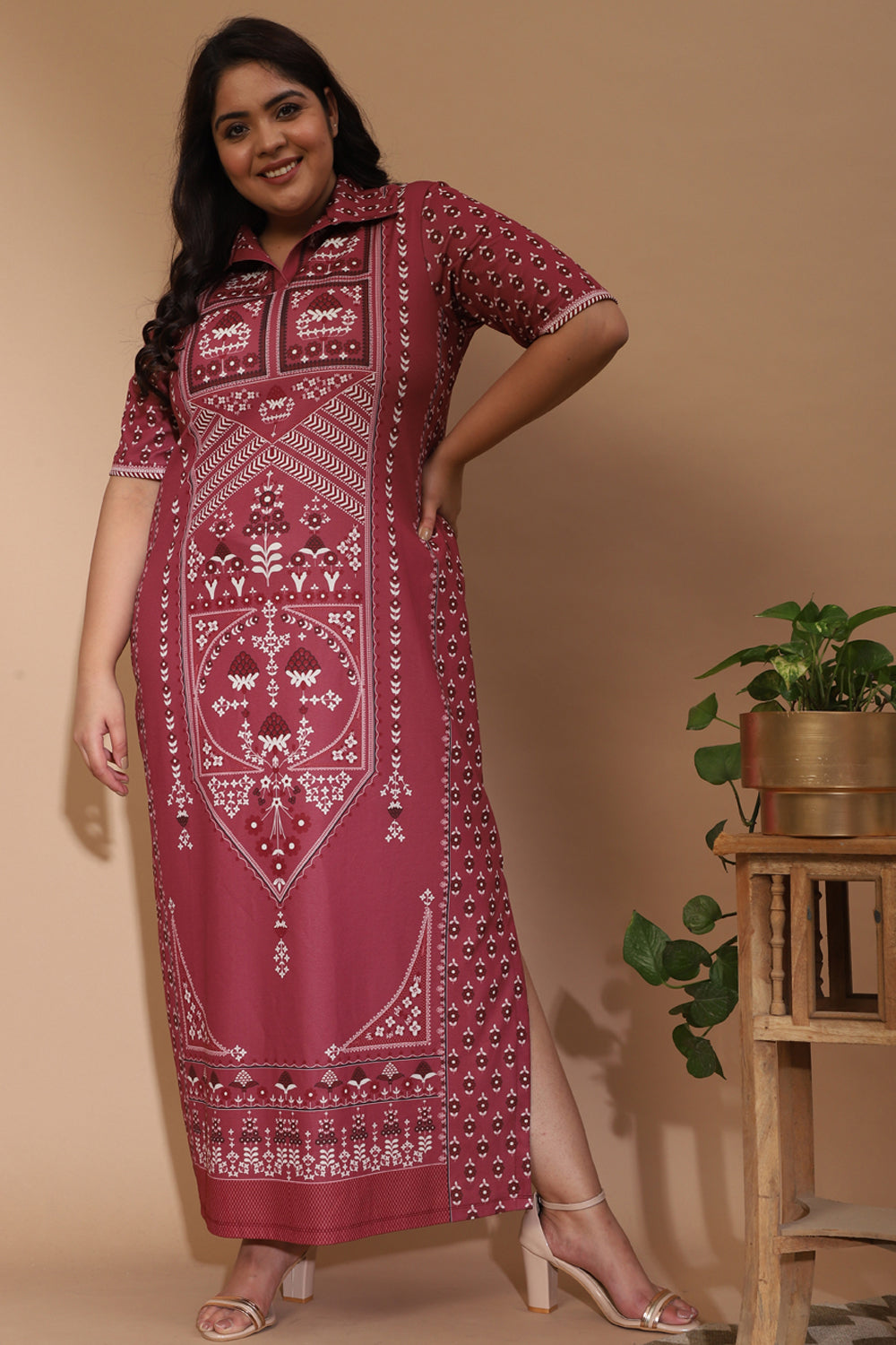 amydus ethnic dusty pink raabta indian print plus size long dress with side slit