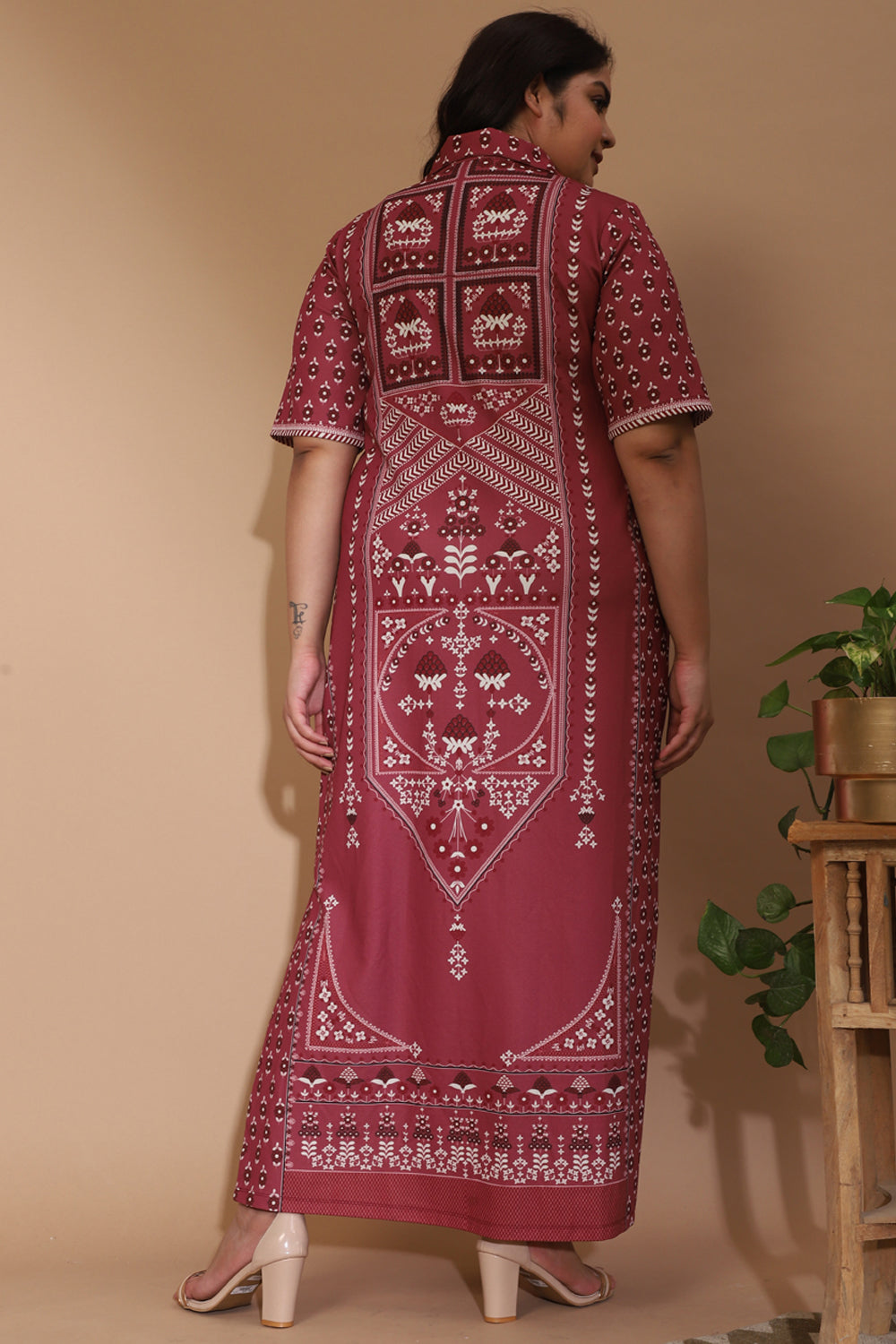 Raabta Indian Ethnic Print Dusty Pink Long Dress With Side Slit for Women