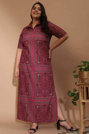 Dusty Pink Ethnic Scarf Print Side Slit Long Dress