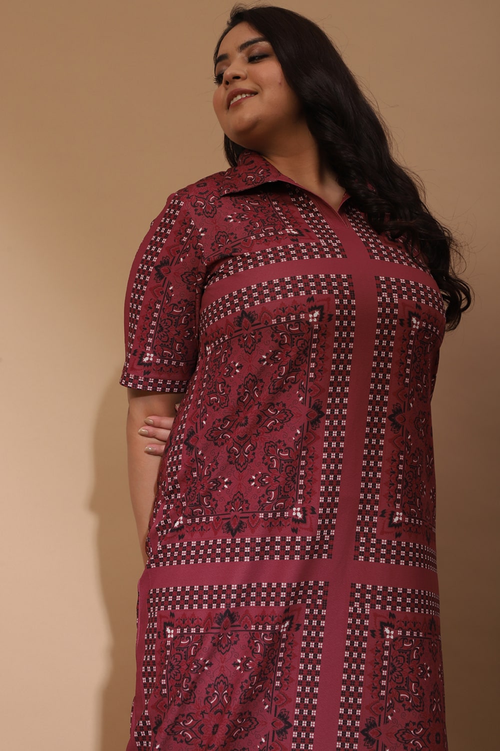 Buy Dusty Pink Ethnic Scarf Print Side Slit Long Dress