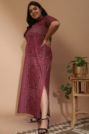 Dusty Pink Ethnic Scarf Print Side Slit Long Dress