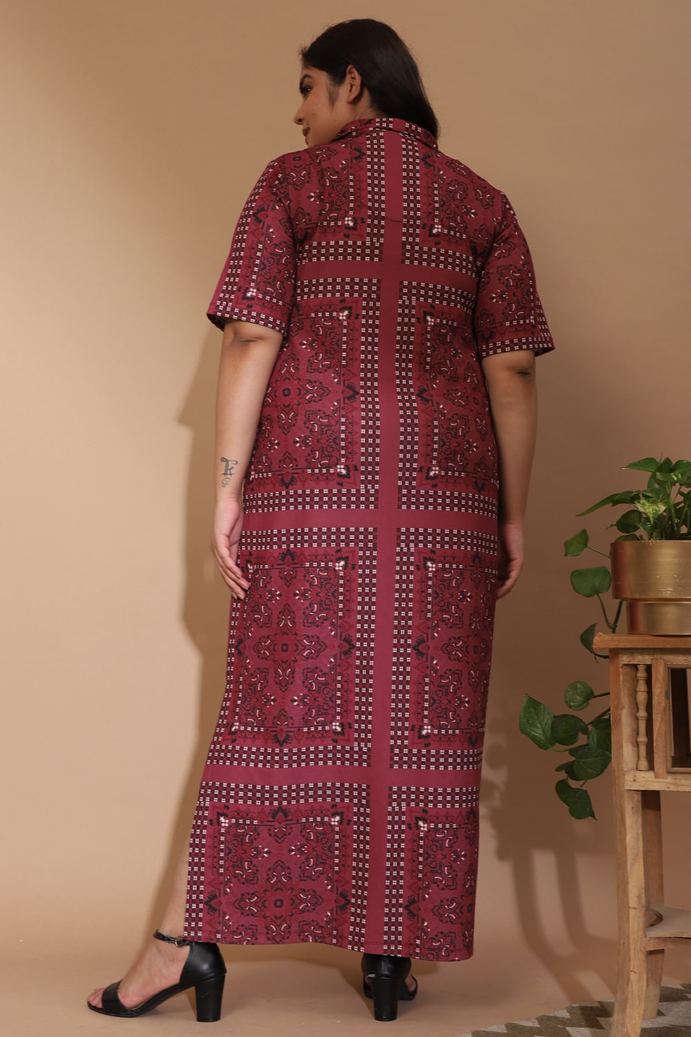 Dusty Pink Ethnic Scarf Print Side Slit Long Dress for Women