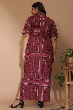 Dusty Pink Ethnic Scarf Print Side Slit Long Dress