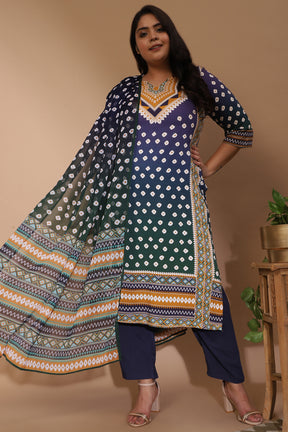 amydus blue green ombre bandhej plus size rayon kurta set