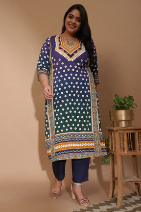 amydus blue green ombre bandhej 6xl size rayon kurta set