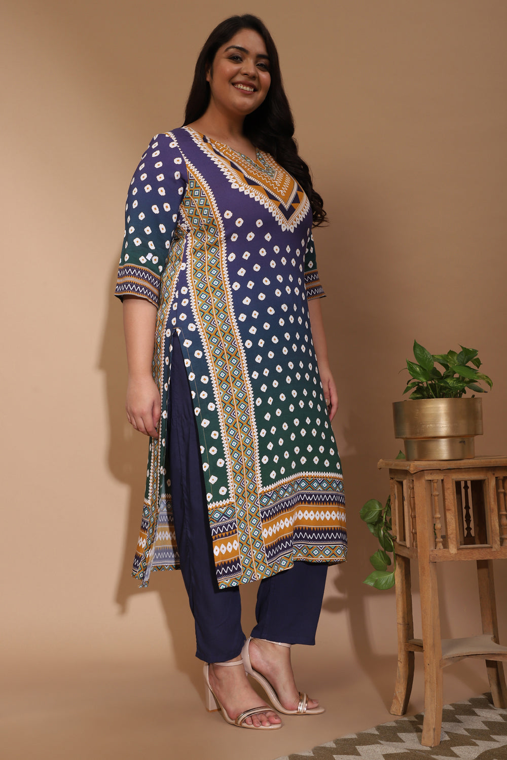 Blue Green Ombre Bandhej Kurta Set for Women
