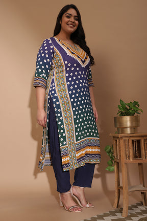 amydus blue green ombre bandhej 7xl size rayon kurta set