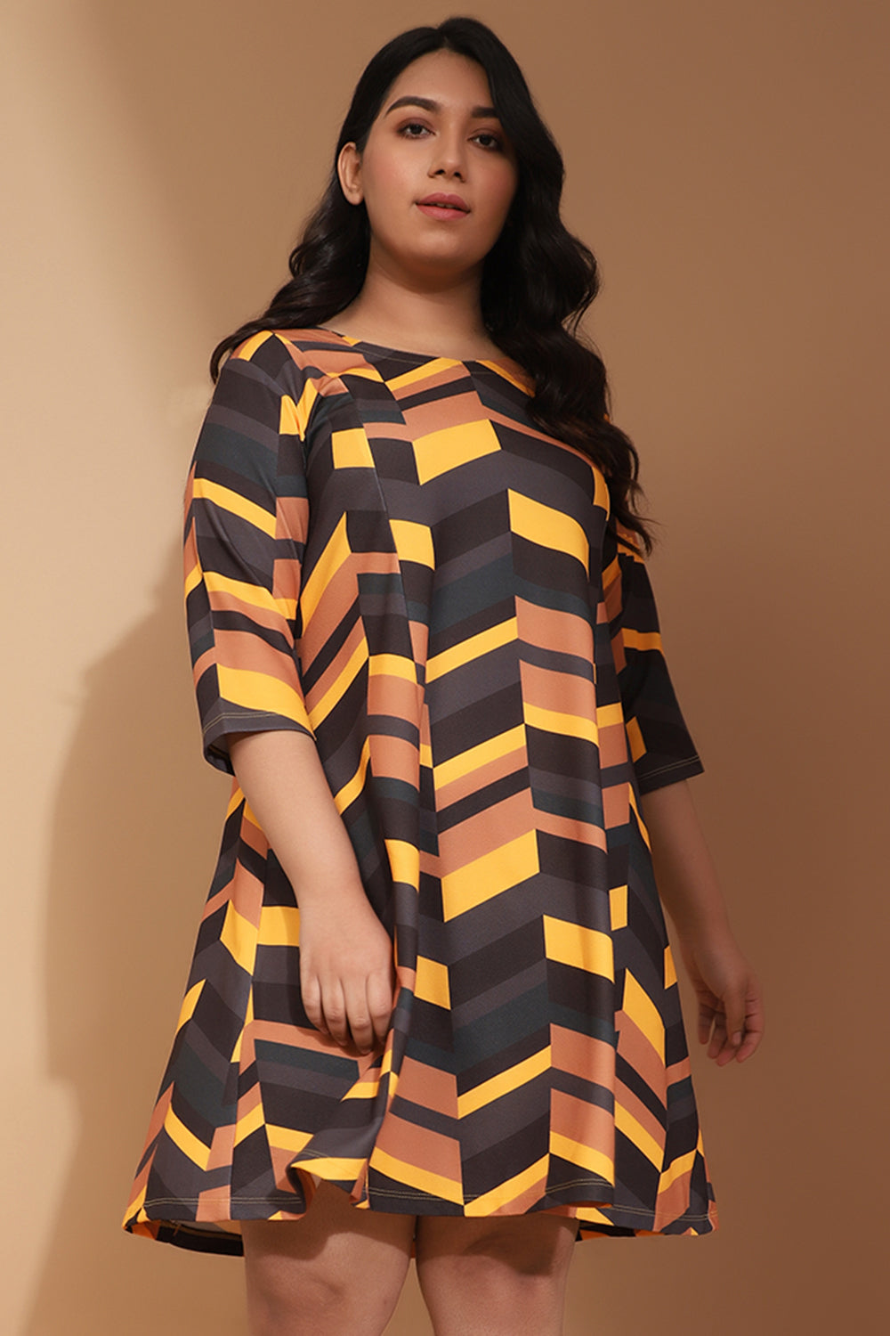 Yellow Chevron Color Play Printed Dress for Women