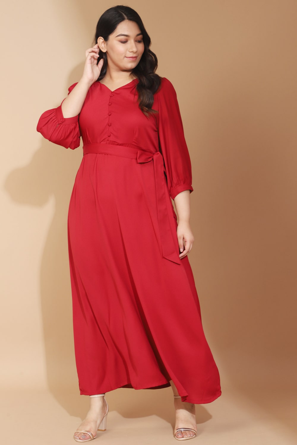 Button Detailing Full Sleeved Red Dress
