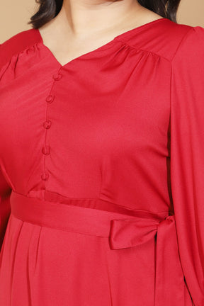 Button Detailing Full Sleeved Red Dress