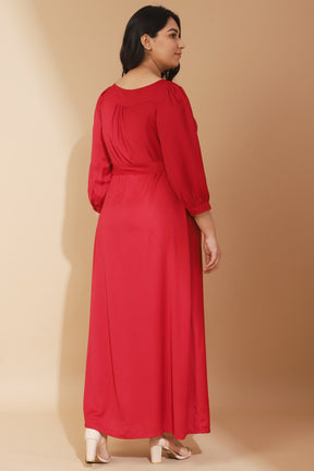 Button Detailing Full Sleeved Red Dress