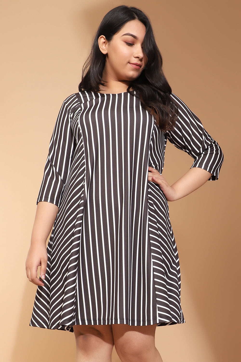 Plus Size Black Striped Printed Dress
