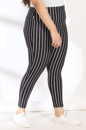 Black White Stripe Tummy Shaper Printed Leggings