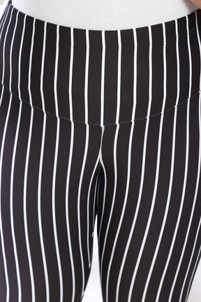 Black White Stripe Tummy Shaper Printed Leggings