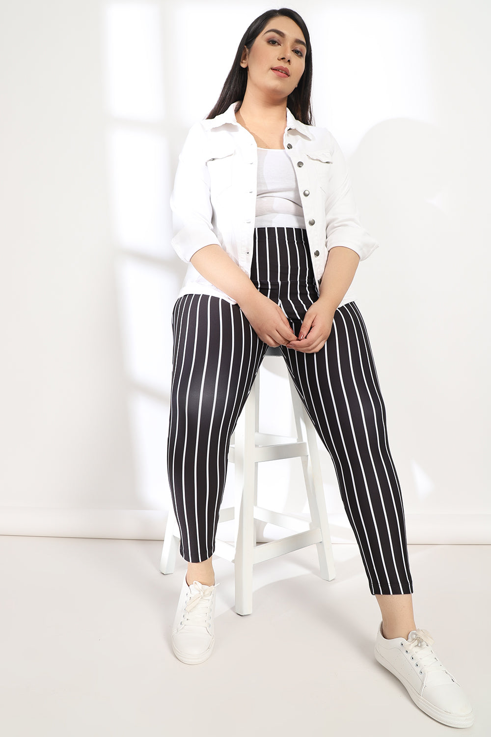 Amydus Black White Stripe Tummy Shaper Printed Plus Size Leggings