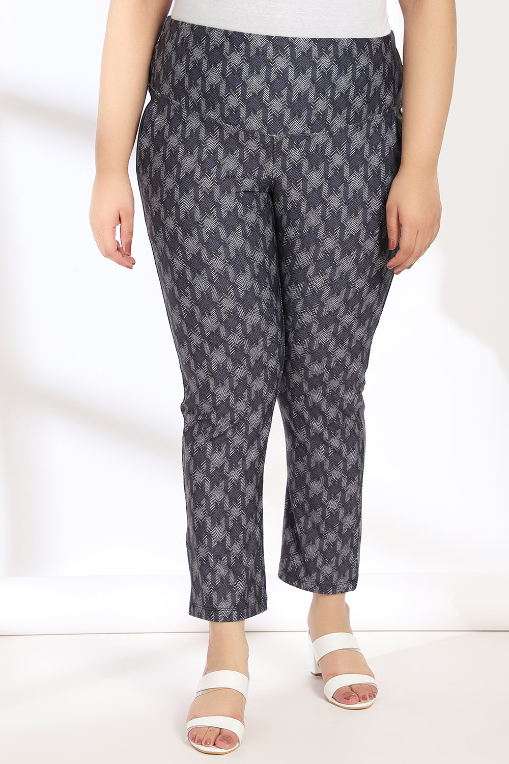 Plus Size Blue White Houndstooth Tummy Shaper Printed Pants