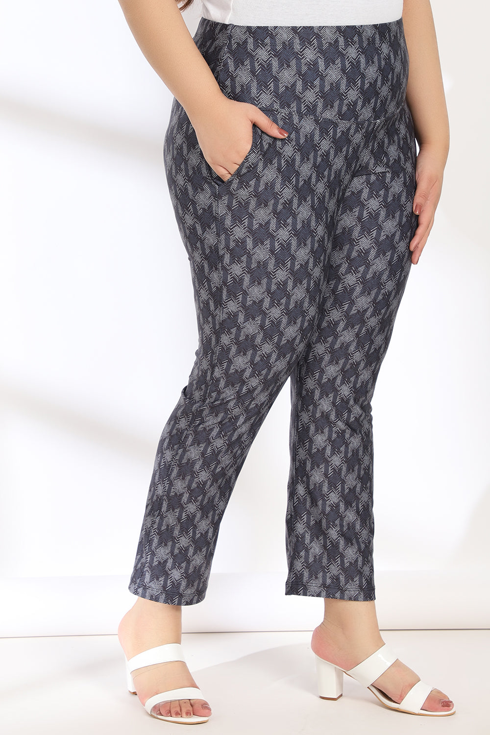 Blue White Houndstooth Tummy Shaper Printed Pants for Women