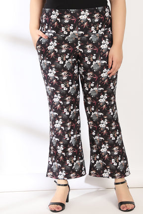 Black Floral Tummy Shaper Printed Flare Pants