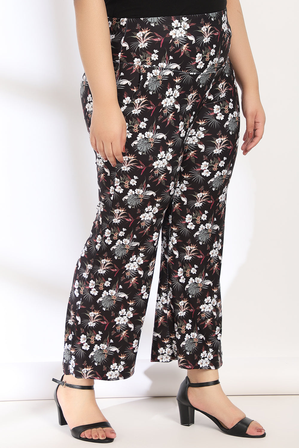 Black Floral Tummy Shaper Printed Flare Pants