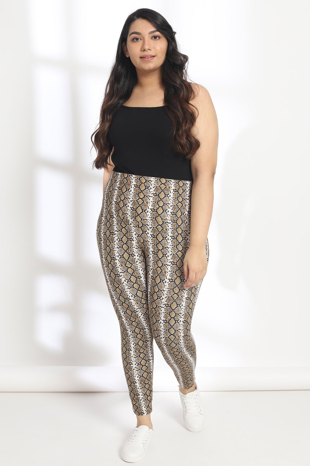 Amydus Mustard Black Snake Print Tummy Shaper Printed Plus Size Leggings