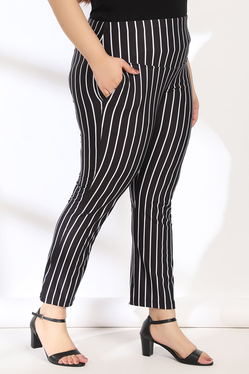 Black White Stripe Tummy Shaper Printed Pants