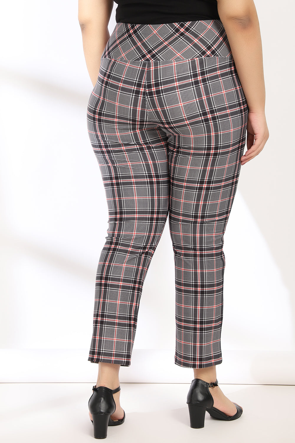 Comfortable Black Red Dupplin Check Tummy Shaper Printed Pants