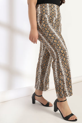 Mustard Black Snake Print Tummy Shaper Printed Flare Pants