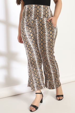 Mustard Black Snake Print Tummy Shaper Printed Flare Pants