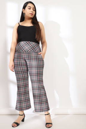 Black Red Dupplin Check Tummy Shaper Printed Flare Pants